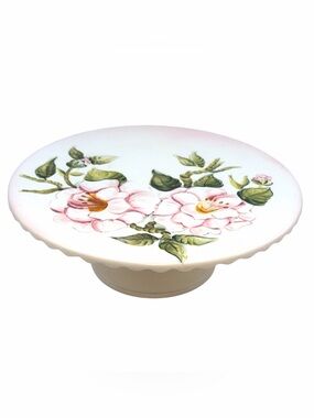 Vintage Hand Painted Pink Rose Ruffled Cake Stand Pedestal Plate 10” Floral